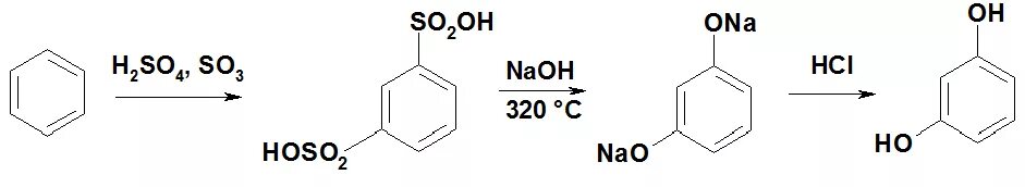 Фенол с метаном. Синтез резорцина из бензола. Сульфирование резорцина. Получение резорцина из бензола. Резорцин + карбоновая кислота.