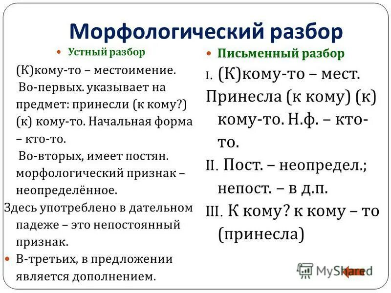 Морфологический анализ слова какому. Морфологический разбор местоимения. Морфологический разбор местоимения 6. Морфологическийращбор. Морфологический анализ слова.