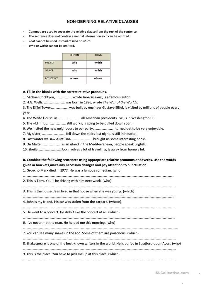 Defining non defining clauses exercises. Defining relative clauses and non-defining relative clauses. non-defining relative clauses speaking. defining relative clause speaking. non-defining relative clauses worksheets.