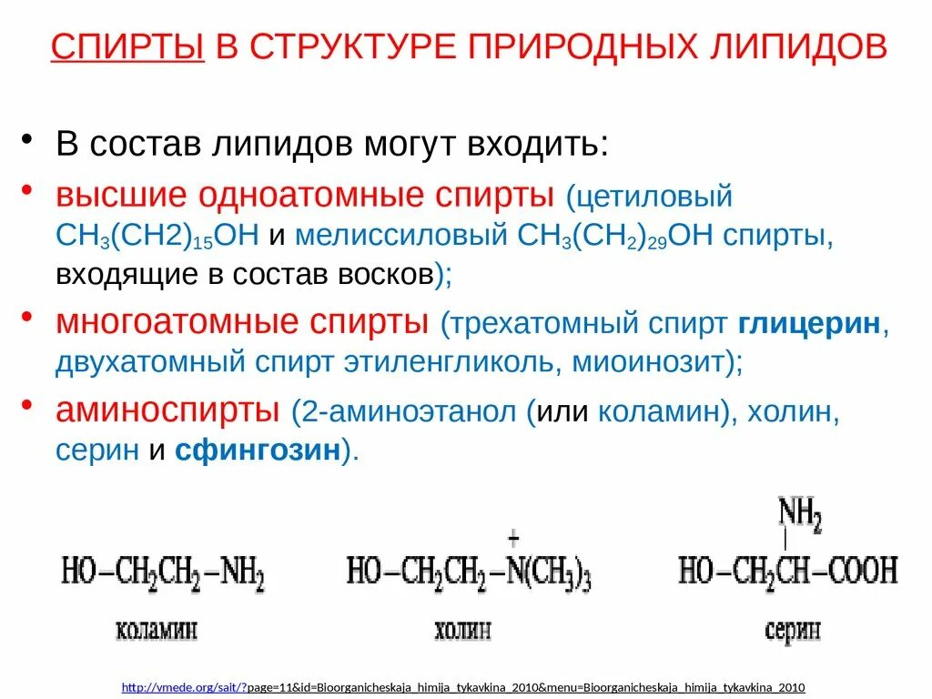 Формулы спиртов входящих в состав липидов. Также в состав могут быть