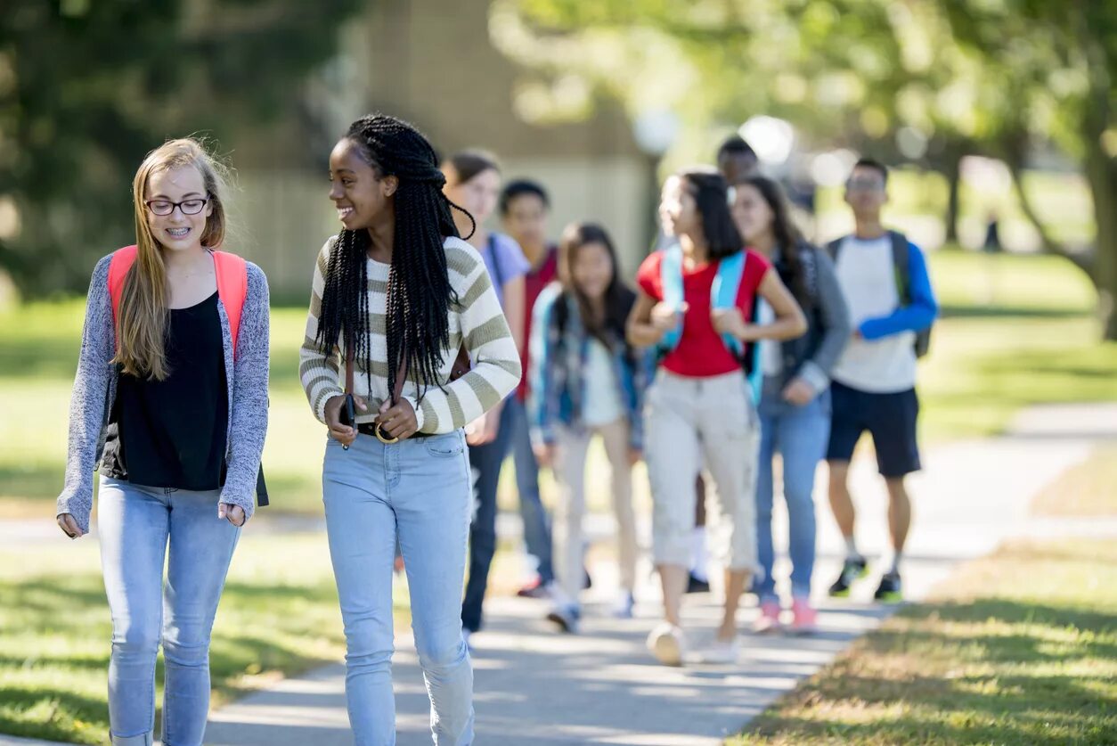 Американцы общаются на улице. Walk School. Друзья шагают. High School student Walking. Have good friends at school