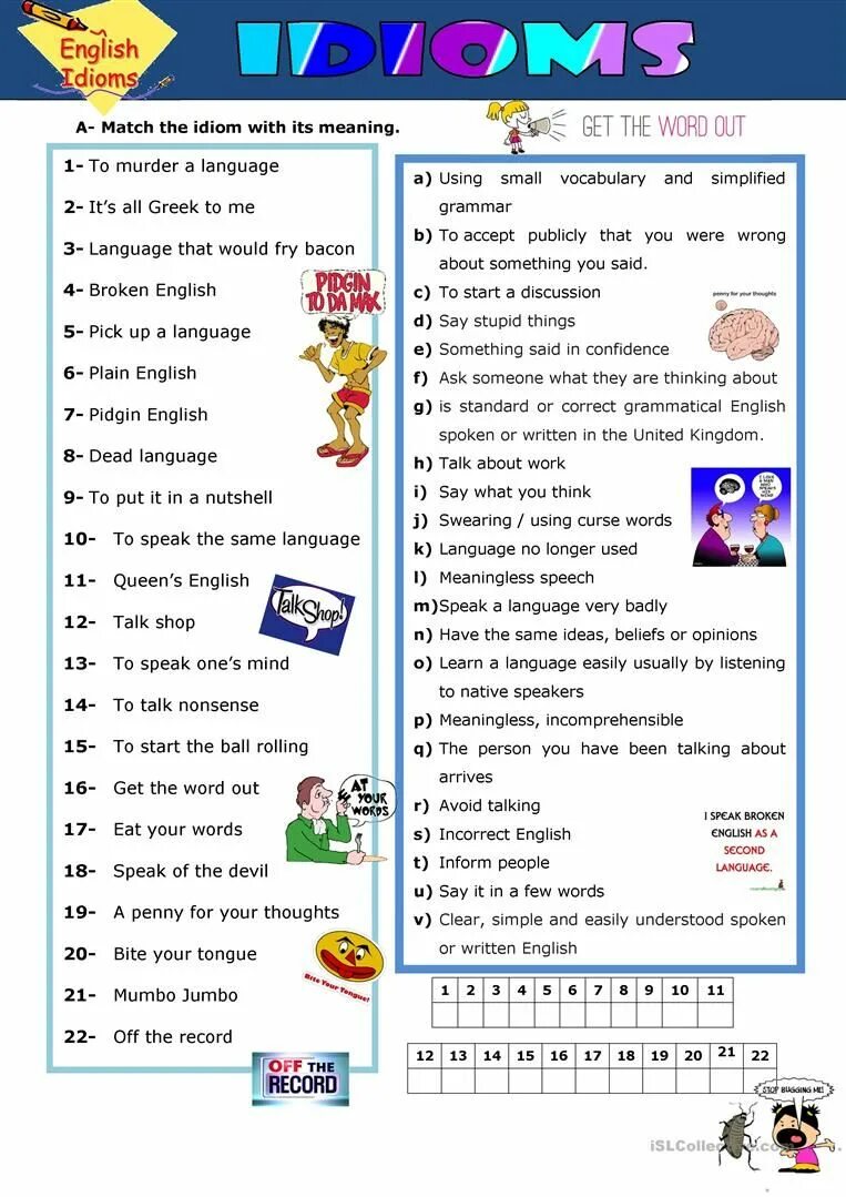 Speak idiom. Идиомы в английском языке Worksheet. Идиомы на английском задания. English idioms Worksheets. Idioms in English Worksheets.