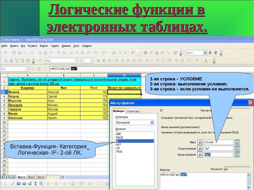 Встроенные функции в электронных. Логические функции в электронных таблицах. Редакторы электронных таблиц. Электронные таблицы Calc. Функции электронных таблиц.