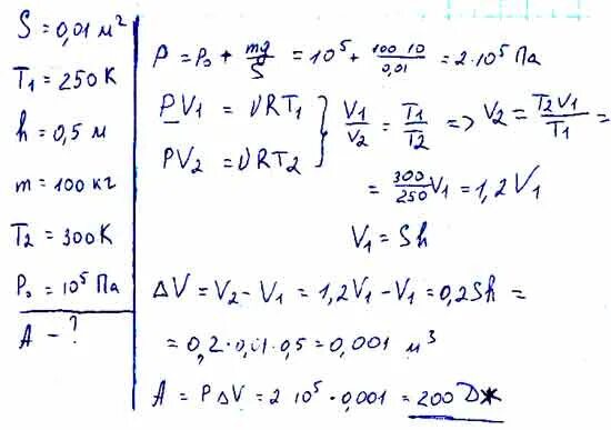 ГАЗ В цилиндре под поршнем. Цилиндр с легко подвижным поршнем. В цилиндре под поршнем изобарически охлаждается 10 л газа от 50 до 0. При температуре 250к. 50 кдж в дж