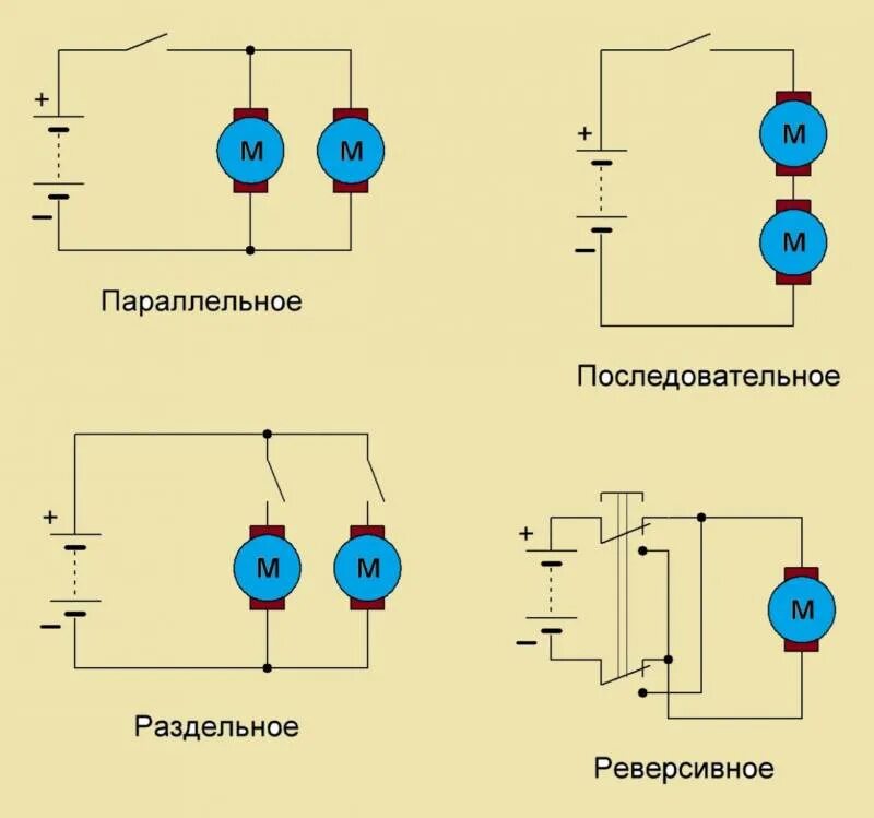 2 параллельно 2 последовательно схема. Схема последовательного включения двух электродвигателей. последовательное подключение двигателей постоянного тока. схема реверса моторчика 12в. схемы подключения моторчиков постоянного тока.