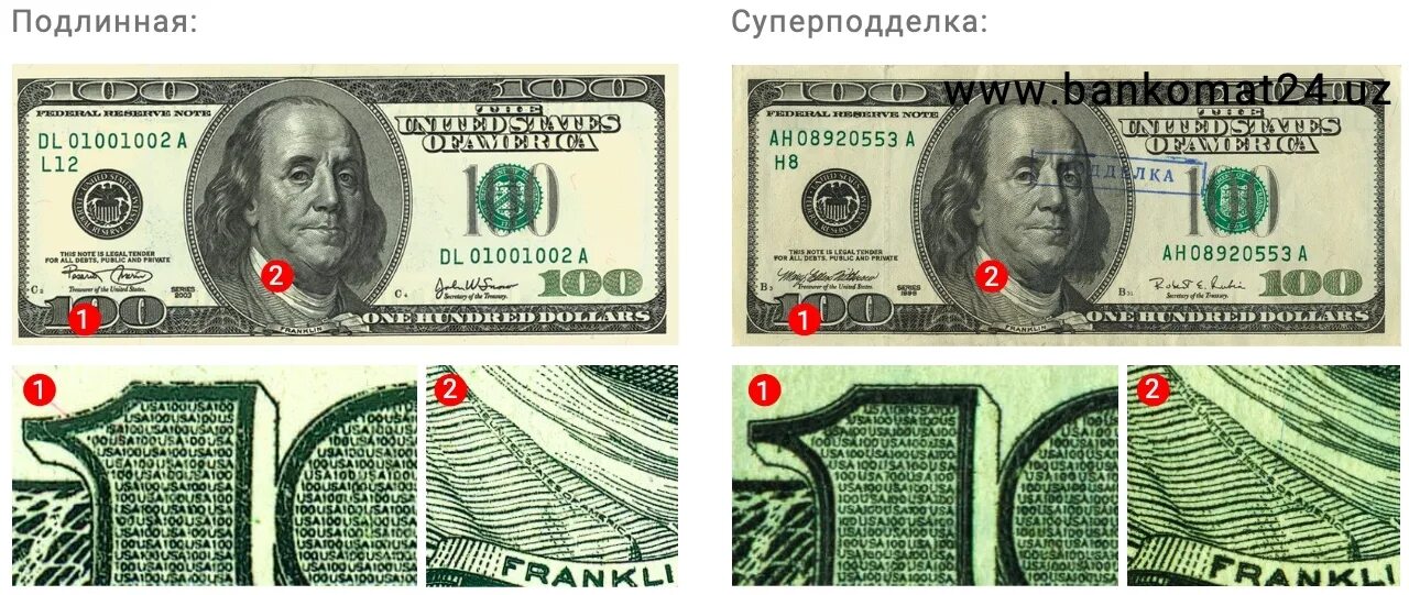 Подлинность 100 долларовой купюры. Суперподделки 100 долларов. признаки подлинности 100 долларов.
