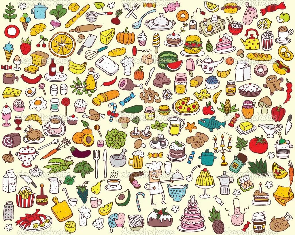 Много маленькой еды. Рисунки еды. Маленькие рисунки еда. Картинки для срисовки еда. Красивые наклейки еда.