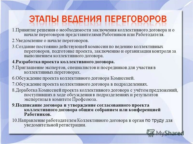 Стадии принятия коллективного договора. Предложения в коллективный договор. Порядок проведения переговоров по заключению коллективного договора. План мероприятий по заключению коллективного договора.