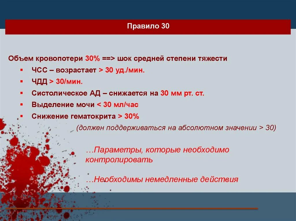 Правило 30 кровопотери. ШОК средней степени. «Правило 30» для ранней диагностики массивной кровопотери. Массивное кровотечение.