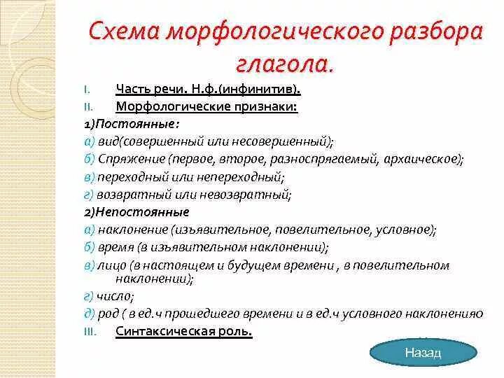 Признаки глагола примеры. Схема морфологического разбора глагола. Морфологический разбор глагола. Морфологический разбор глагола морфологические признаки. Признак глагола в морфологическом разборе глагола.