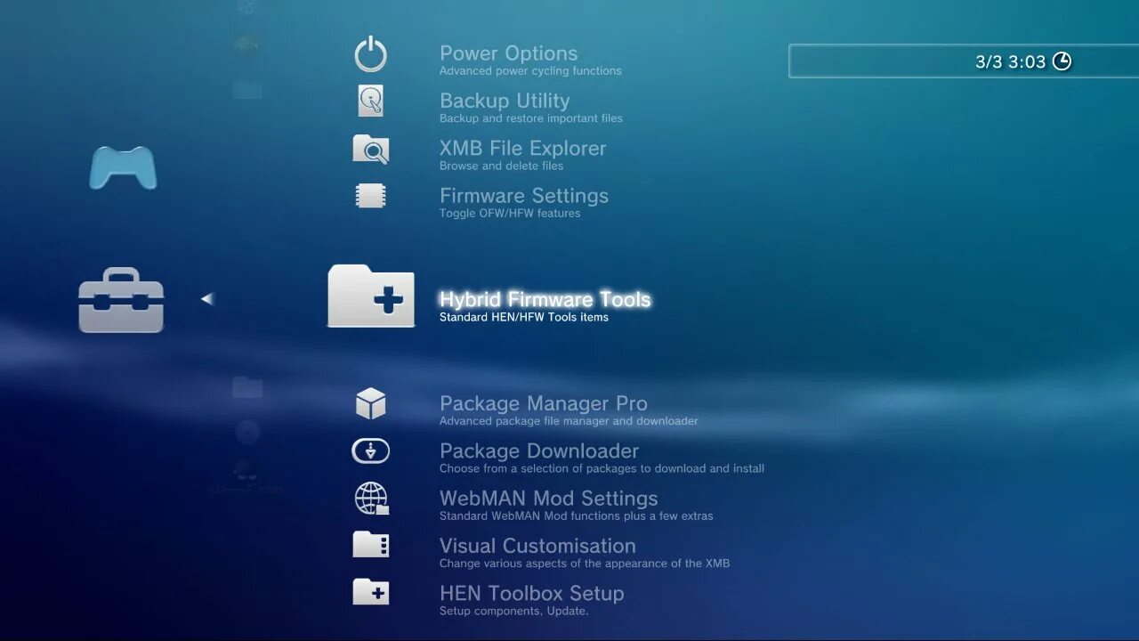 Прошивка пс 3 хен. Han Toolbox ps3. Файловый менеджер пс3. PLAYSTATION 3 меню. Han Toolbox Mod ps3.