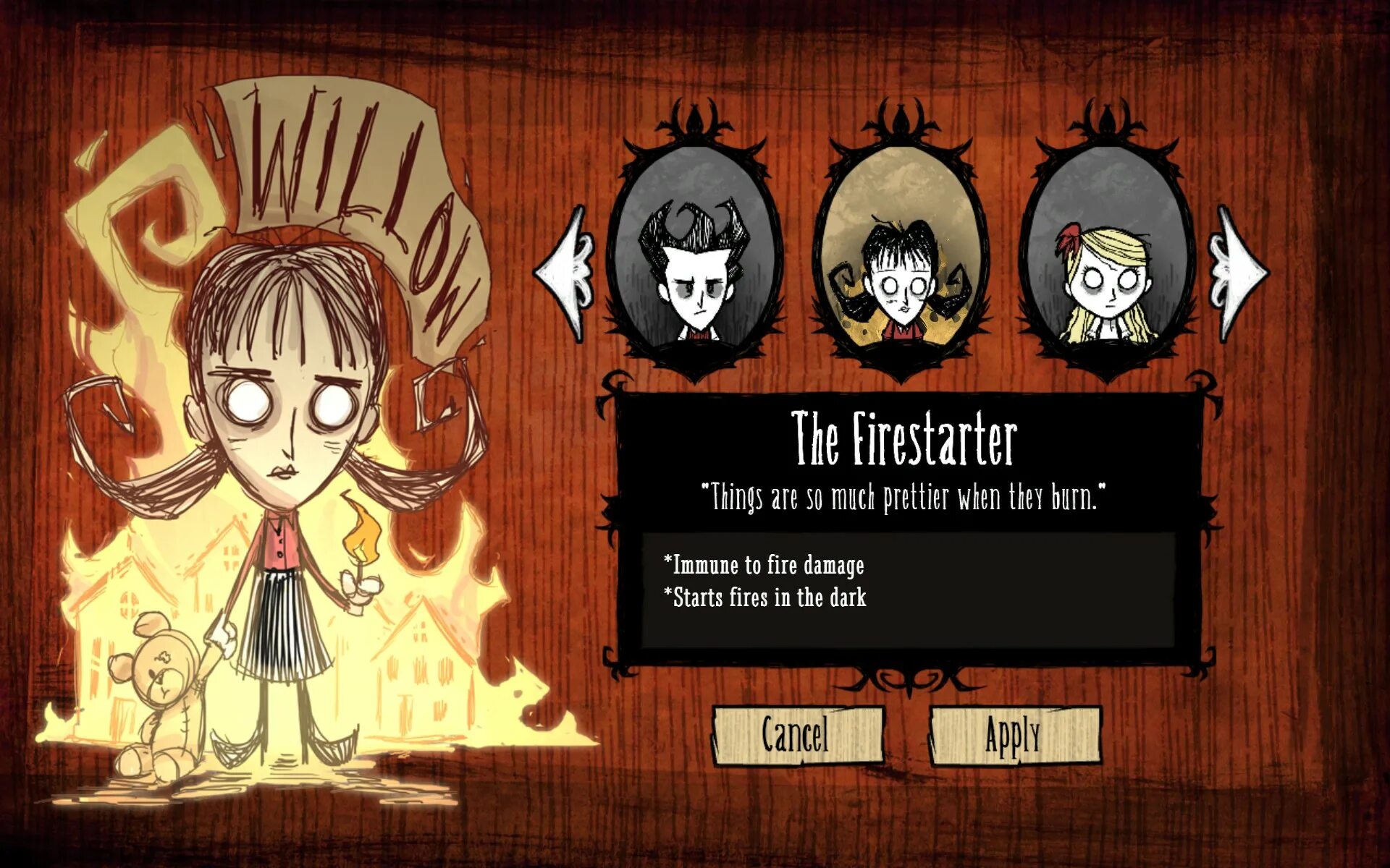 Донт старв длс. Меню персонажа don't Starve. Don't Starve персонажи. Перс из don't Starve. Уиллоу don't Starve.