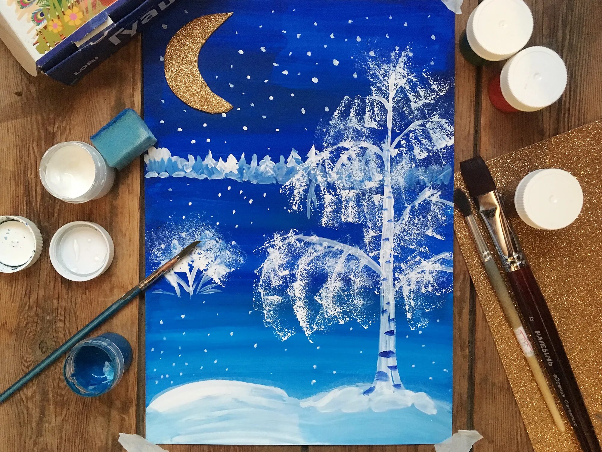 Рисуем зиму гуашью с детьми. Рисование гуашью. зимние рисунки красками. новогодние рисунки красками. зимний пейзаж красками.