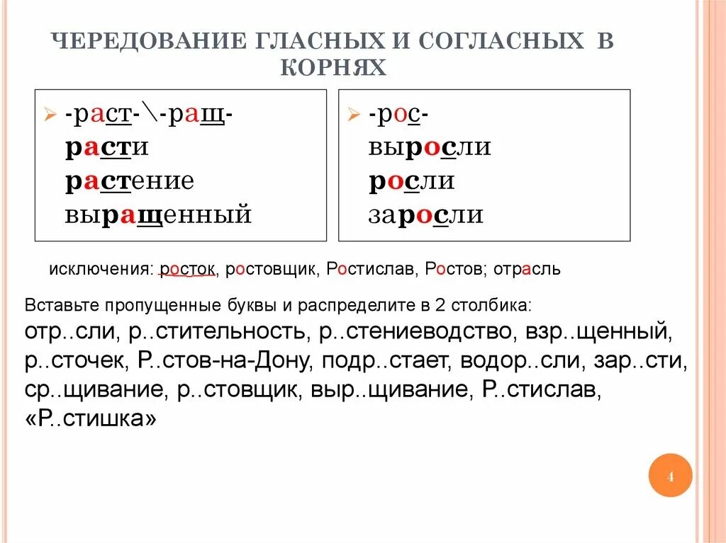 Корень рос от чего зависит. Слова с чередованием в корне раст ращ рос. Чередование гласных в корне слова раст рос ращ. Исключения в корнях раст ращ рос.