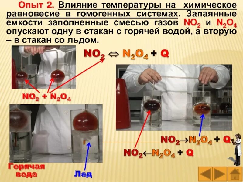 При комнатной температуре происходит. Опыт влияние температуры на химическое равновесие. Влияние температуры на хим равновесие. Опыт влияние температуры на химическое равновесие с no2 n2o4. Опыт на равновесие.