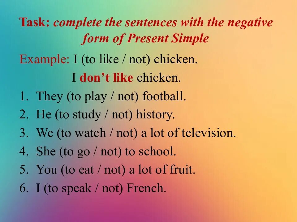 Like sentences. Present simple negative sentences. Present simple negative. Examples презент Симпл. Present simple negative form.