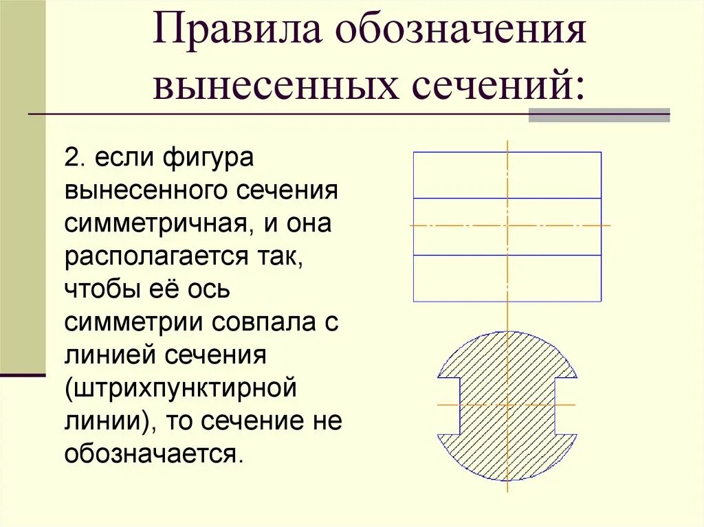 Сечение симметрии. Обозначение сечения. Линия секущей плоскости на чертеже. Вынесенное сечение в разрыве. Вынесенное сечение.