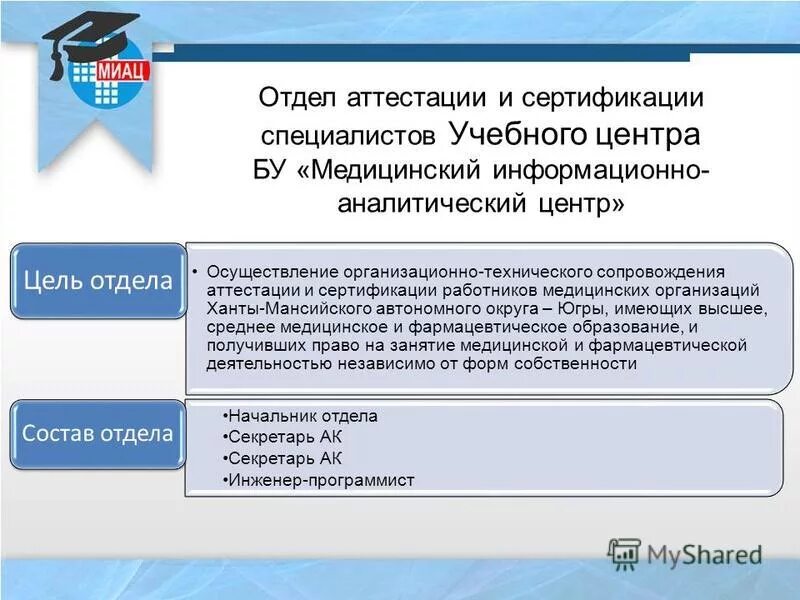 Сайт отдел аттестации. Отдел аттестации. Что такое аттестация специалиста медицинского. Отдел сертификации. Медицинский МИАЦ информационно аналитический центр.