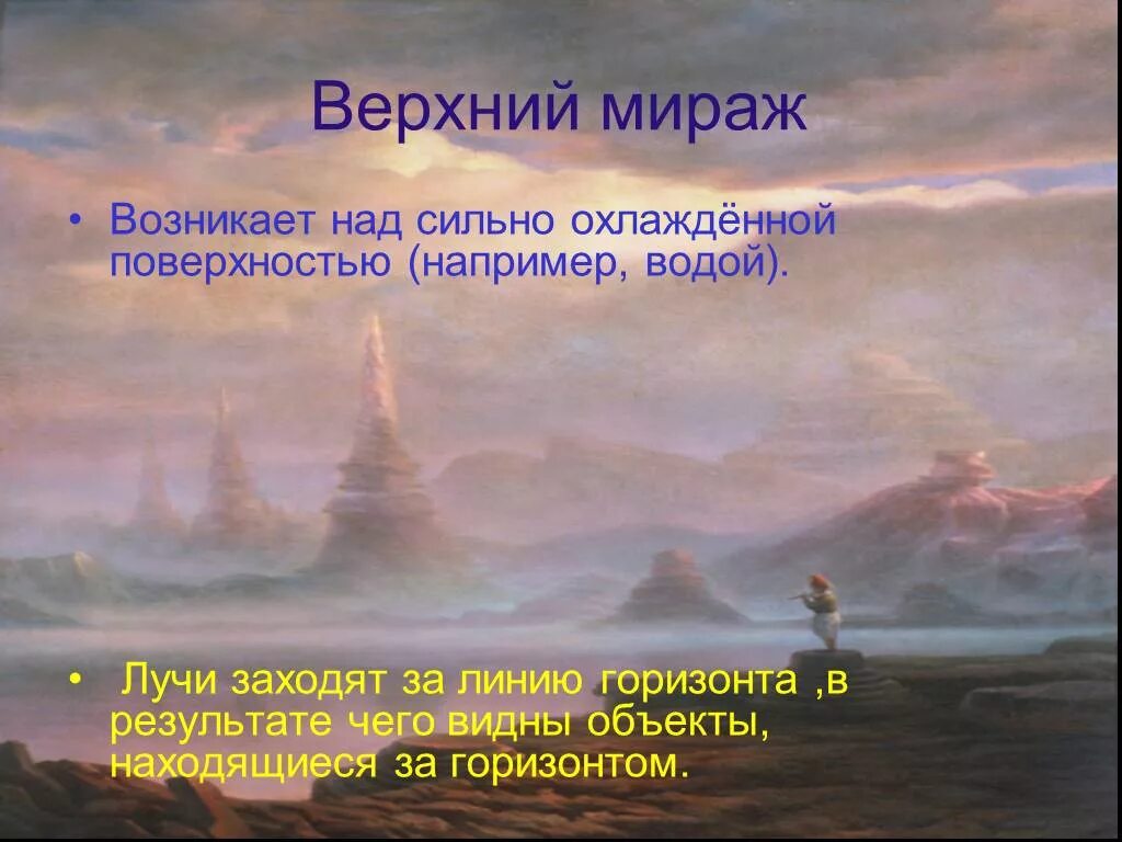 Мираж предложение. Верхний Мираж оптическое явление. Мираж оптическое явление в атмосфере. Верхний Мираж Мираж. Интересные факты о миражах.