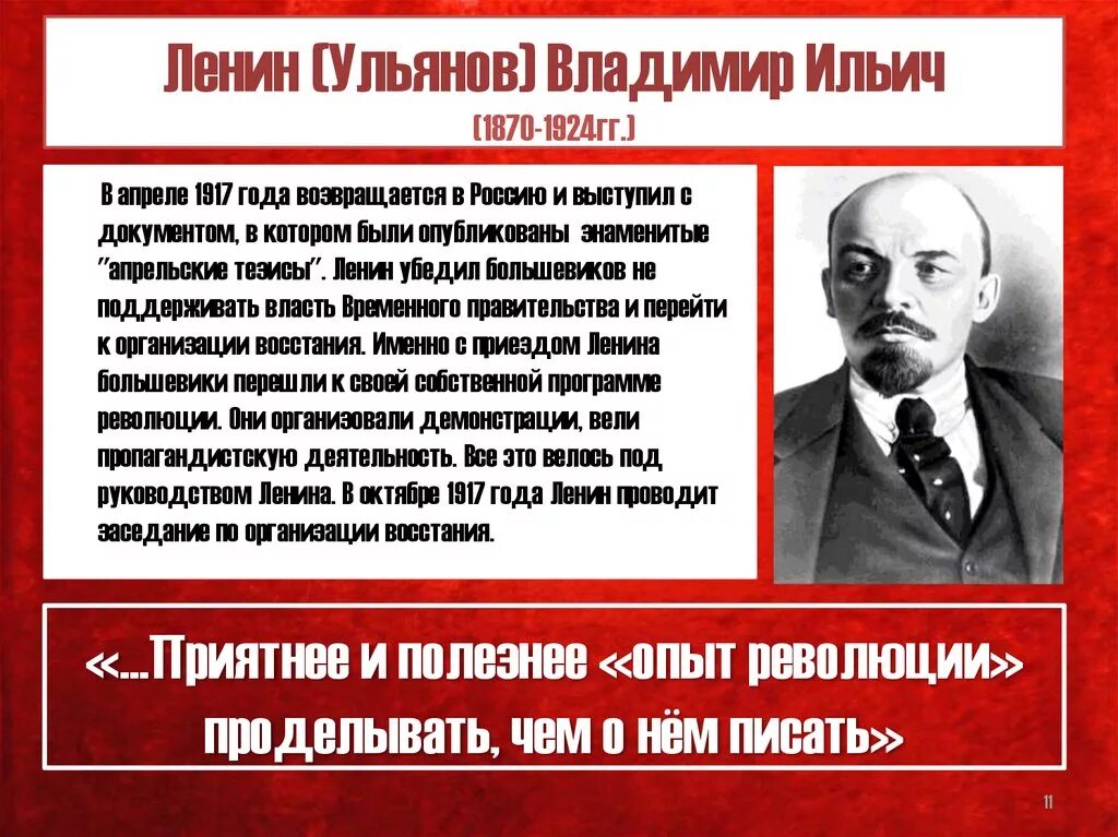 Ленин был русский. Владимира Ильича Ульянова (Ленина) (1870— 1924).