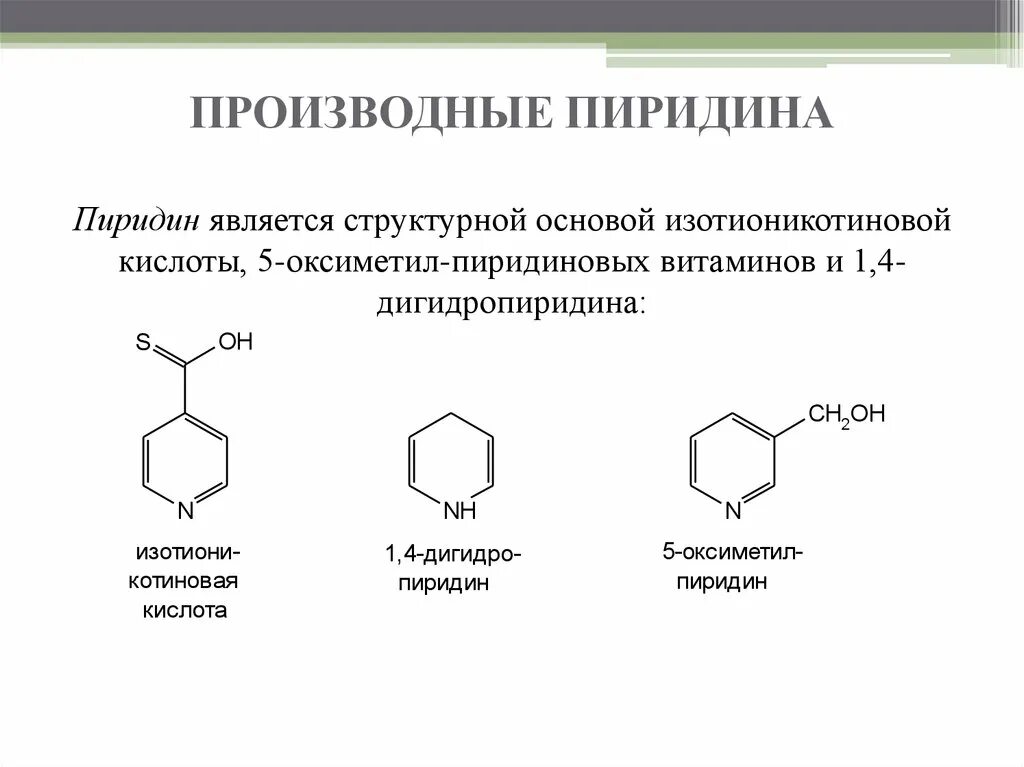 Производные пиридина: ?-, ?-, ?-пиколины. Биологически важные производные пиридина. Биологически важные производные пиридина. Пиридин и его производные. Производные пиридина.