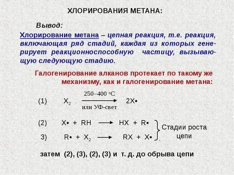 Радикальный механизм реакции хлорирования метана. Механизм реакций радикального замещения метана. Цепная реакция хлорирования метана. Механизм реакции хлорирования алканов. Продукт хлорирования метана