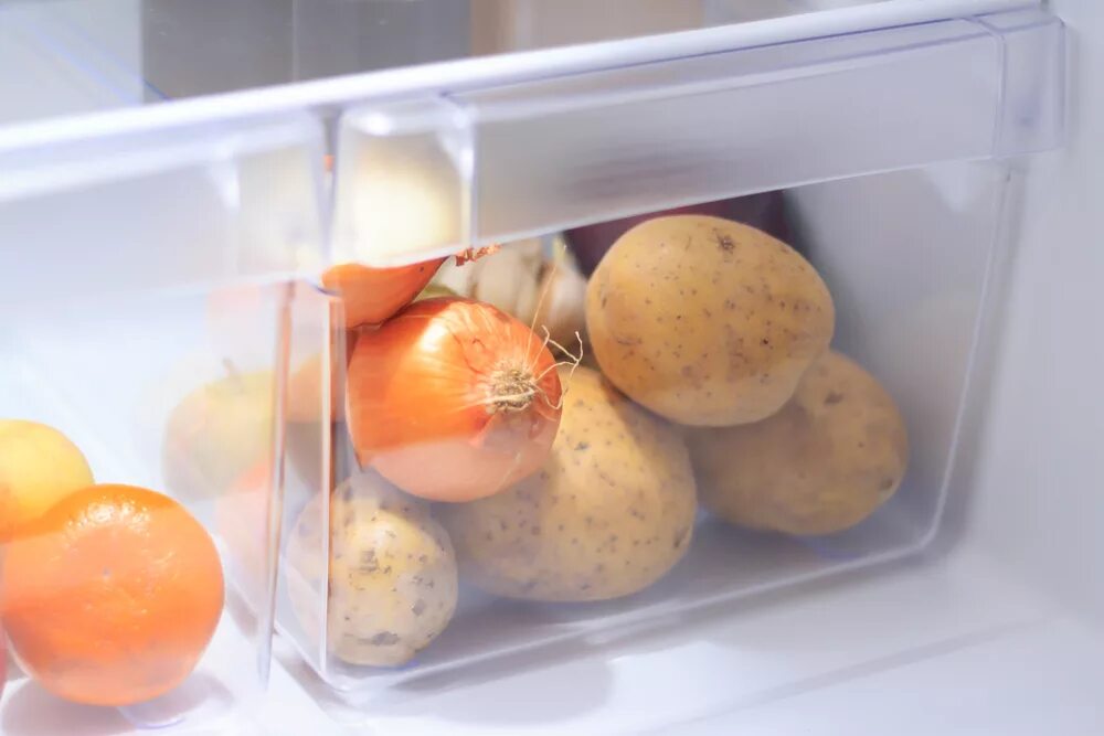 Можно хранить картофель в холодильнике. Холодильник для овощей. Холодильник для картофеля. Луковица в холодильнике. Лук в холодильнике.