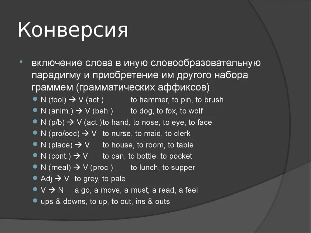 Конверсия в английском языке примеры. Конверсия в русском языке примеры. Конверсия в лингвистике примеры. Конверсия в лексикологии английского языка. Включи слово день