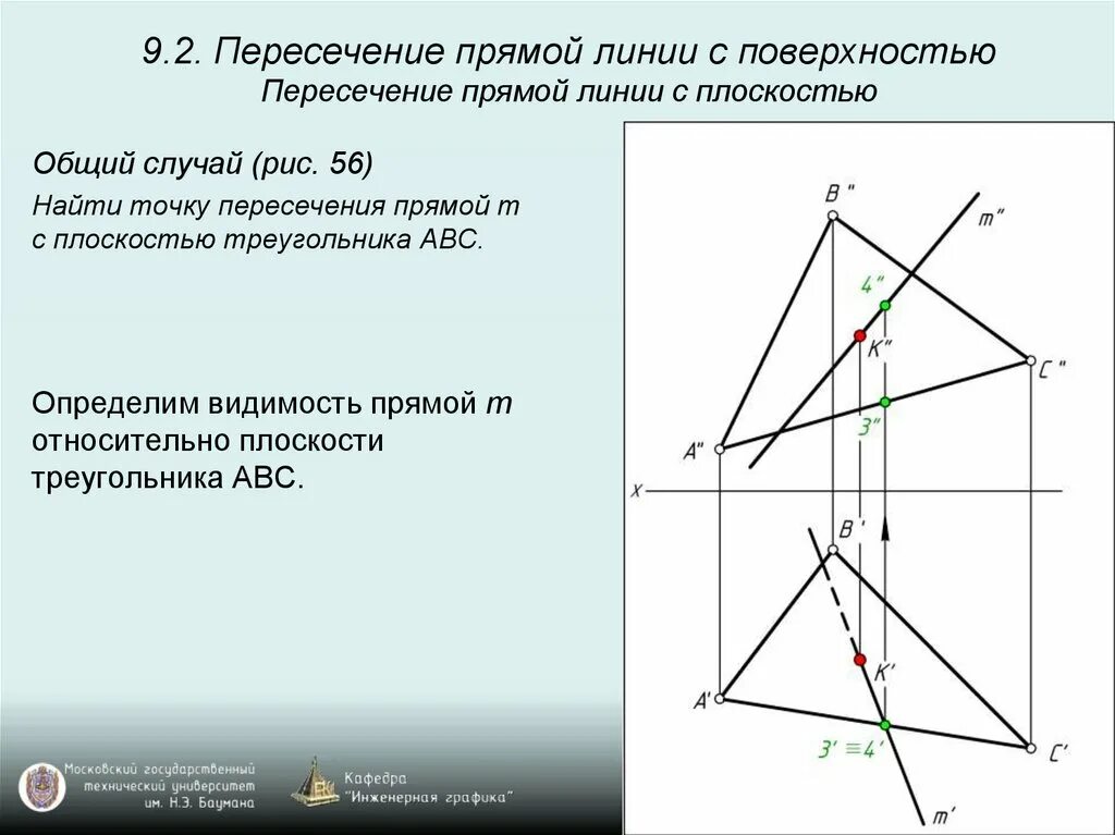 Прямая l является. Пересечение прямой линии с плоскостью. Пересечение прямой с плоскостью Начертательная геометрия. Построить точки пересечения прямой m с плоскостью треугольника ABC. Построение проекции точки пересечения прямой и плоскости.