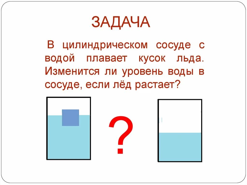 В сосуде с водой плавает кусок льда. Цилиндрический сосуд с водой. Задача про сосуды с водой. Задачи на изменение уровня жидкости в сосуде. Кубик плавает в керосине