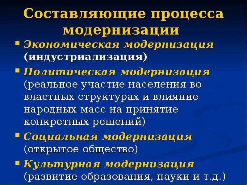 Назовите составляющие развития. Составляющие модернизации. Модернизация экономическая политическая социальная и культурная. Составляющие процесса. Модернизация этапы развития.