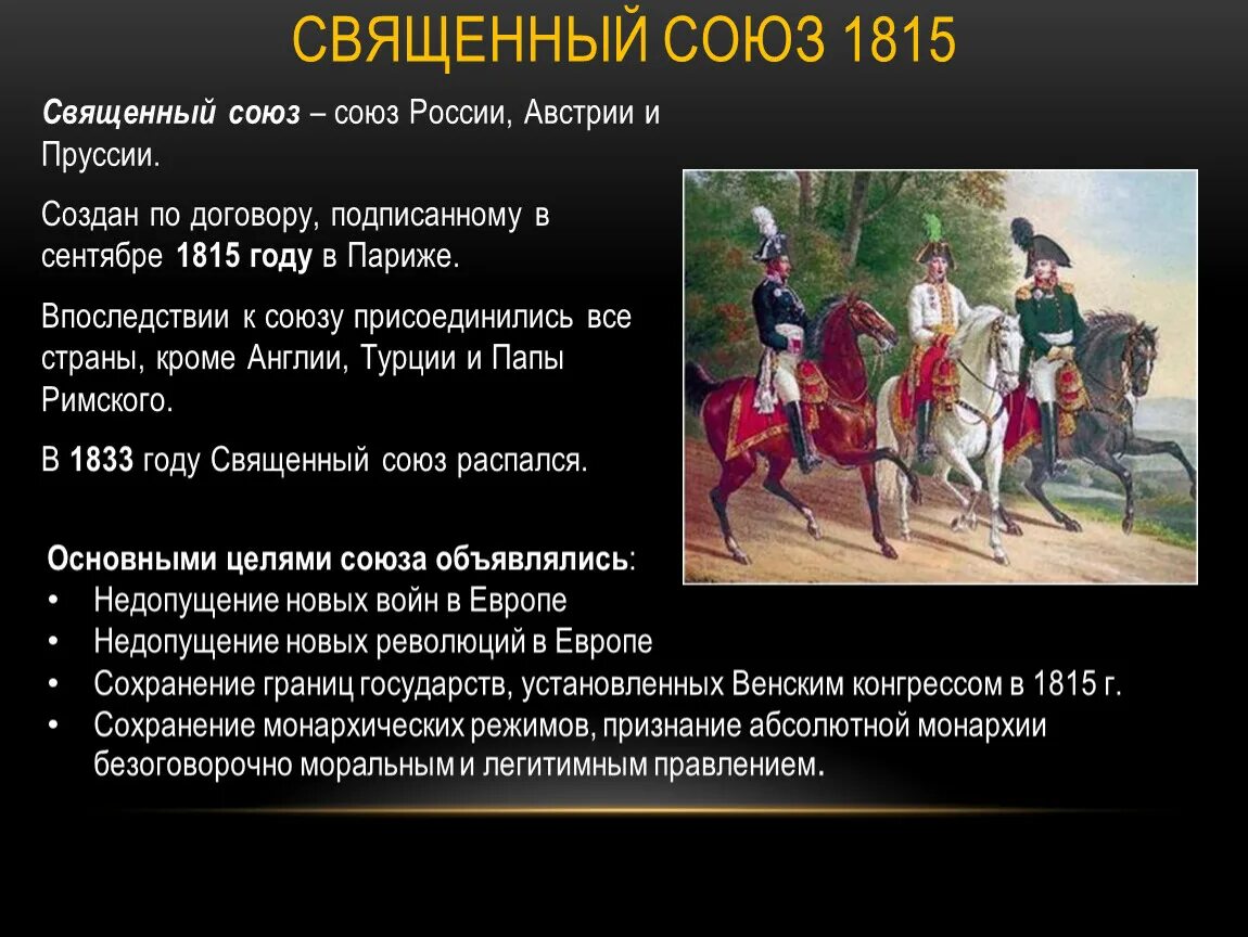 Цели Священного Союза 1815. Священный Союз трех императоров 1815. Священный Союз 1815 участники. Конгрессы Священного Союза в 1815–1825 гг.