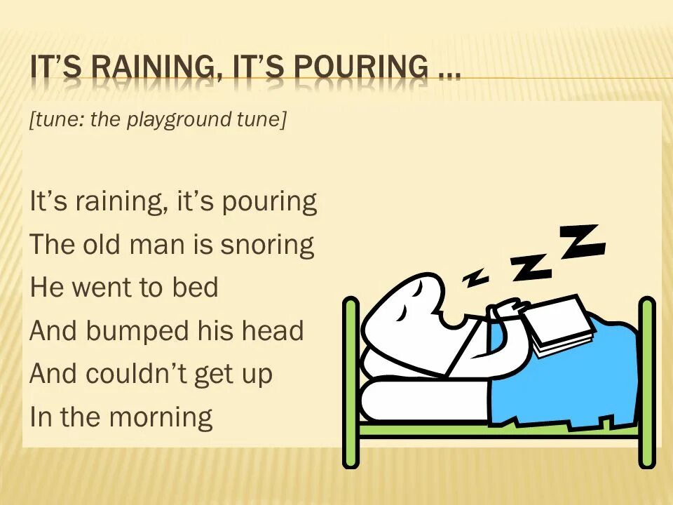Does he go to bed. It`s raining. Its it's. Rain it's raining. ИТС Рейн мен.
