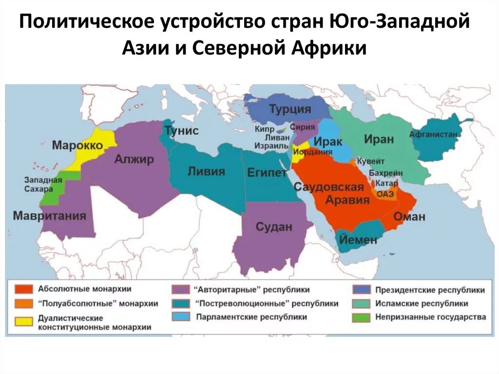 Политическая карта формы правления. Государства Юго Западной Азии карта. Страны монархии в Азии на карте. Юго-Западная Азия и Северная Африка. Ближний Восток политическое устройство.