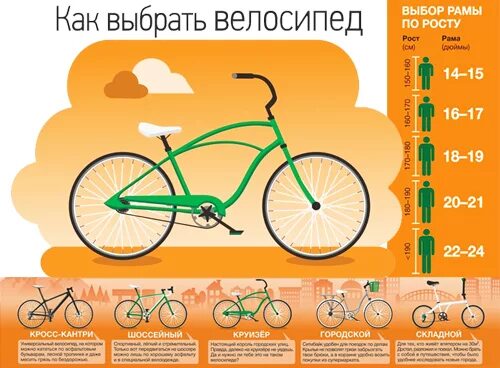Польза велосипеда. Выбор велосипеда. Калории на велосипеде. Инфографика как подобрать велосипед.