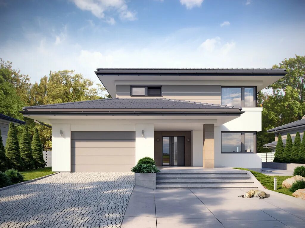 Современный дом с двускатной крышей. Дом из клееного бруса проект м316. М. М. Баня 150 кв.