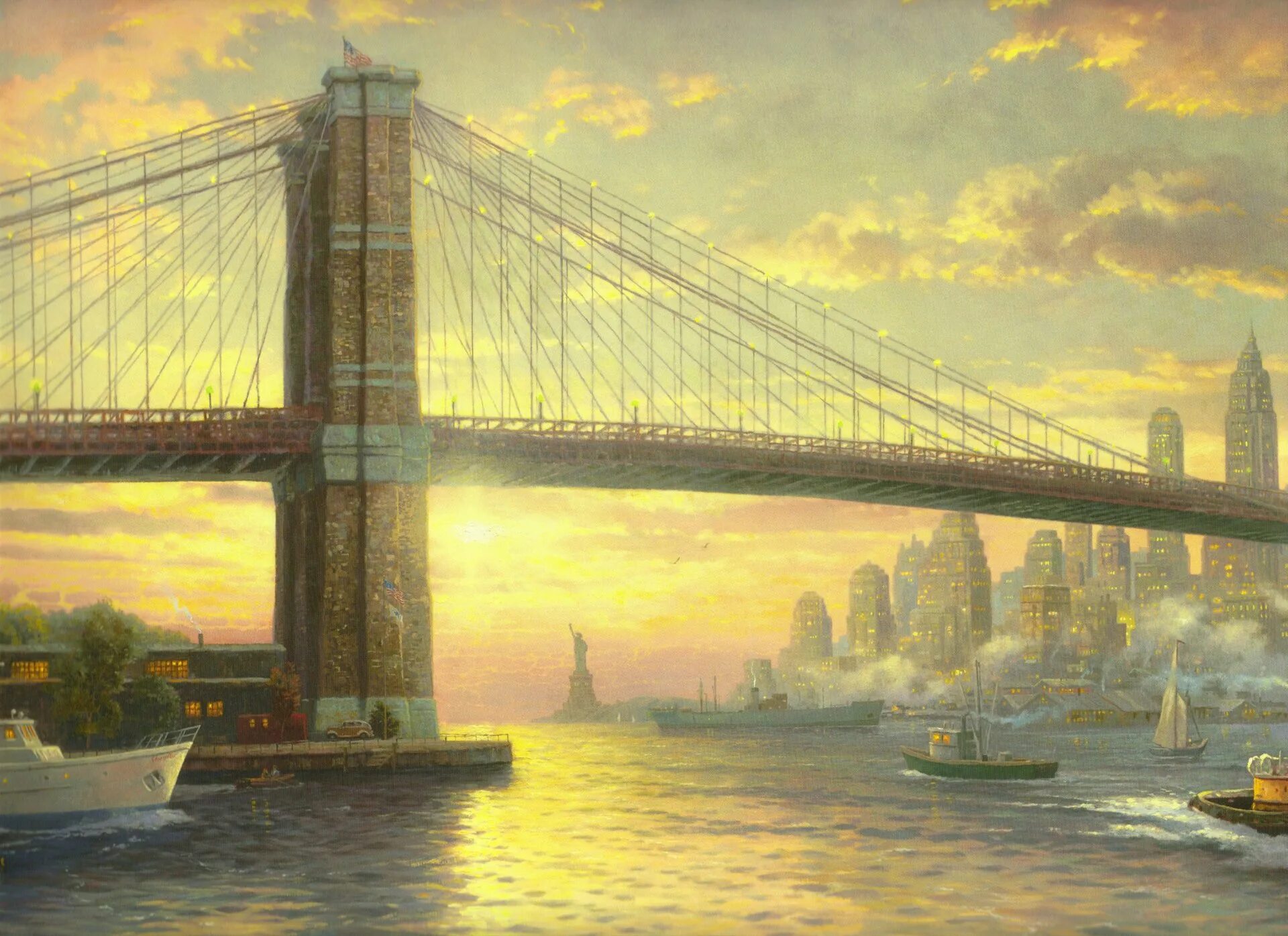 Обои картины. Томас Кинкейд Нью Йорк. Томас Кинкейд Бруклинский мост. Мост Нью Йорк живопись маслом. Бруклинский мост вышивка бисером.