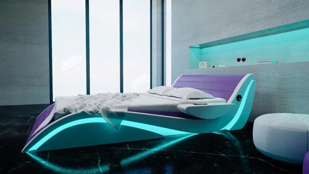 Купить будущие. Кровать обита Берн с подсветкой led Роскошные. Футуристическая кровать. Кровать в футуристическом стиле. Кровать будущего.