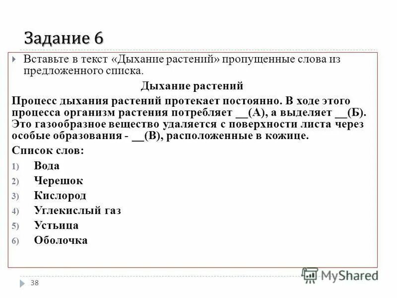 Проверочная работа по теме дыхание растений