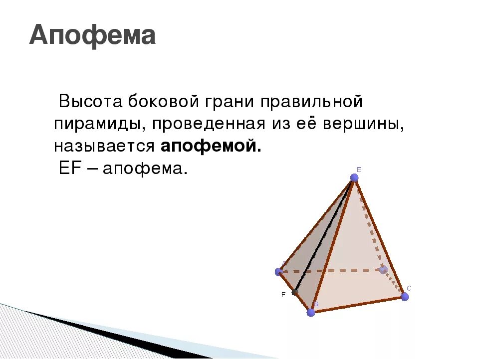 Как называется высота боковой грани. Апофема четырехугольной пирамиды. Апофема правильной четырехугольной пирамиды. Апофема 4 угольной пирамиды. Что такое апофема правильной пирамиды.