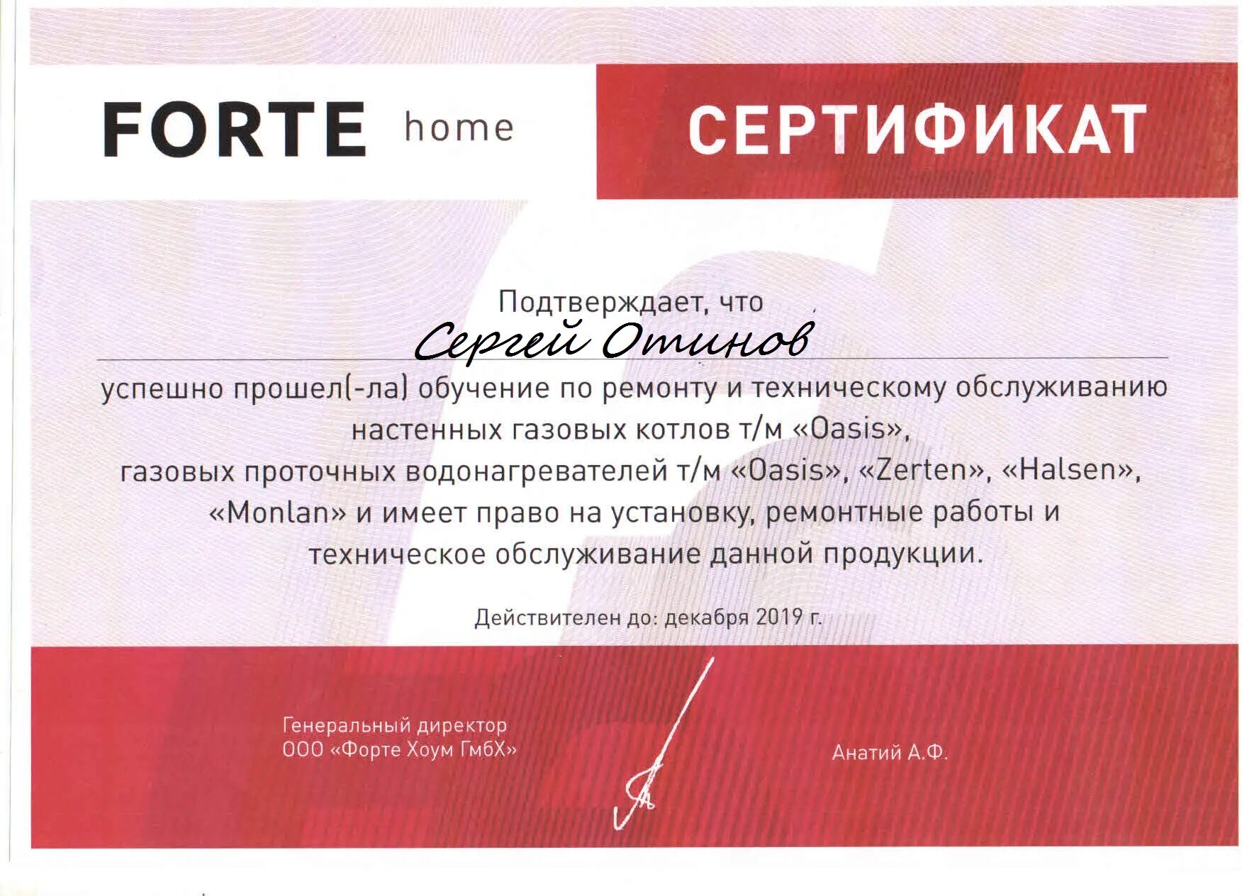 Сертификат на обслуживание газовых котлов. Forte Home GMBH. Форте ГМБХ. Хоум сертификат.