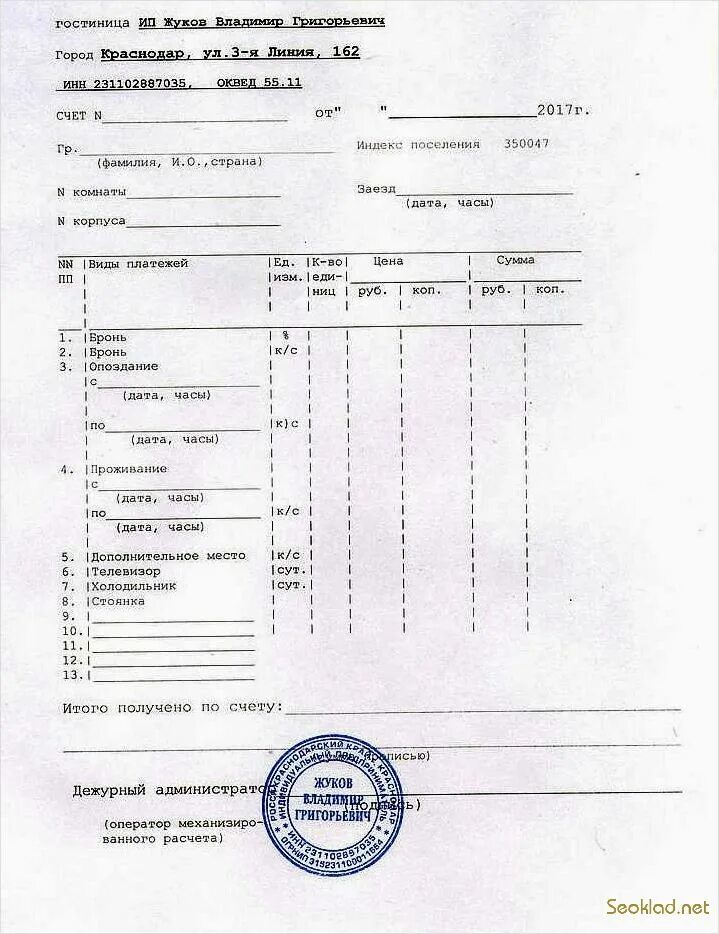 Документы подтверждающие гостиницу