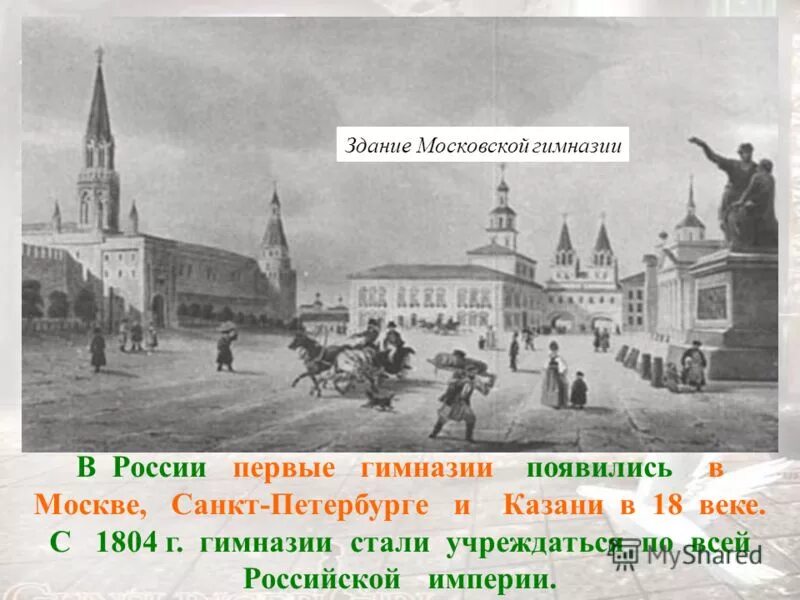 Когда появилось первое слово. Первая гимназия в России. Гимназии 18 века России. Первые гимназии появились в.