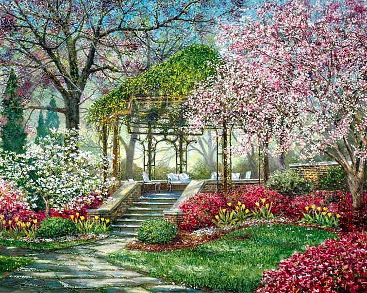 Весенний сад (Spring Topiary Garden). Цветущий сад живопись. Сад живопись. Весенний сад живопись. Рисование цветущий сад