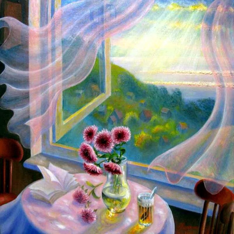 У окна картины художников. Картина окно. Летнее окно живопись. Летнее утро живопись. Новый рассвет стучится к тебе в окно