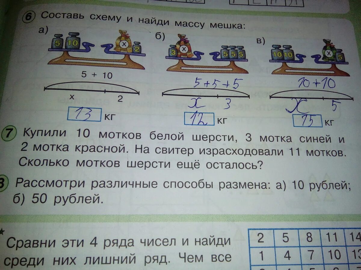 7 кг 200 г. Схема количество мотков. Решить задачу номер 7. Составь схему и Найди массу мешка. Схема задаче 10 мотков белой шерсти.