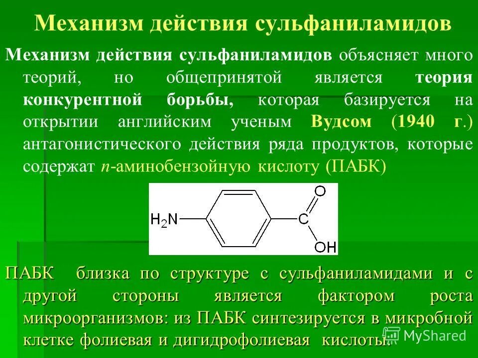 Антагонист кислоты в химии. Механизм активности сульфаниламидных препаратов. Механизм антибактериальной активности сульфаниламидных препаратов. Общая формула сульфаниламидных препаратов. Механизм антибактериального действия сульфаниламидов.