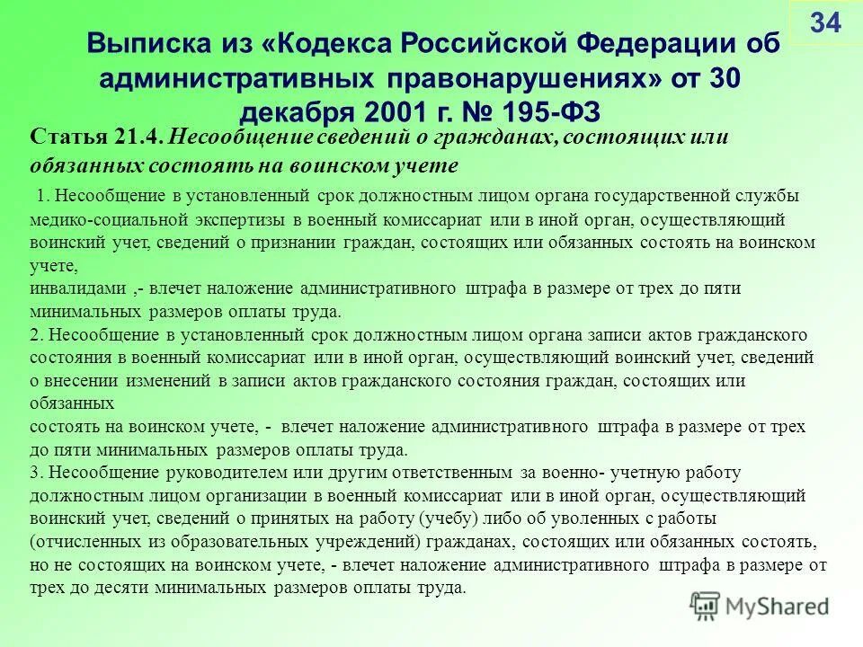 Административные правонарушения в области воинского учета. Выписка из кодекса. Обязанности граждан по воинскому учету. Документация по ведению воинского учета. Выписка из кодекса.