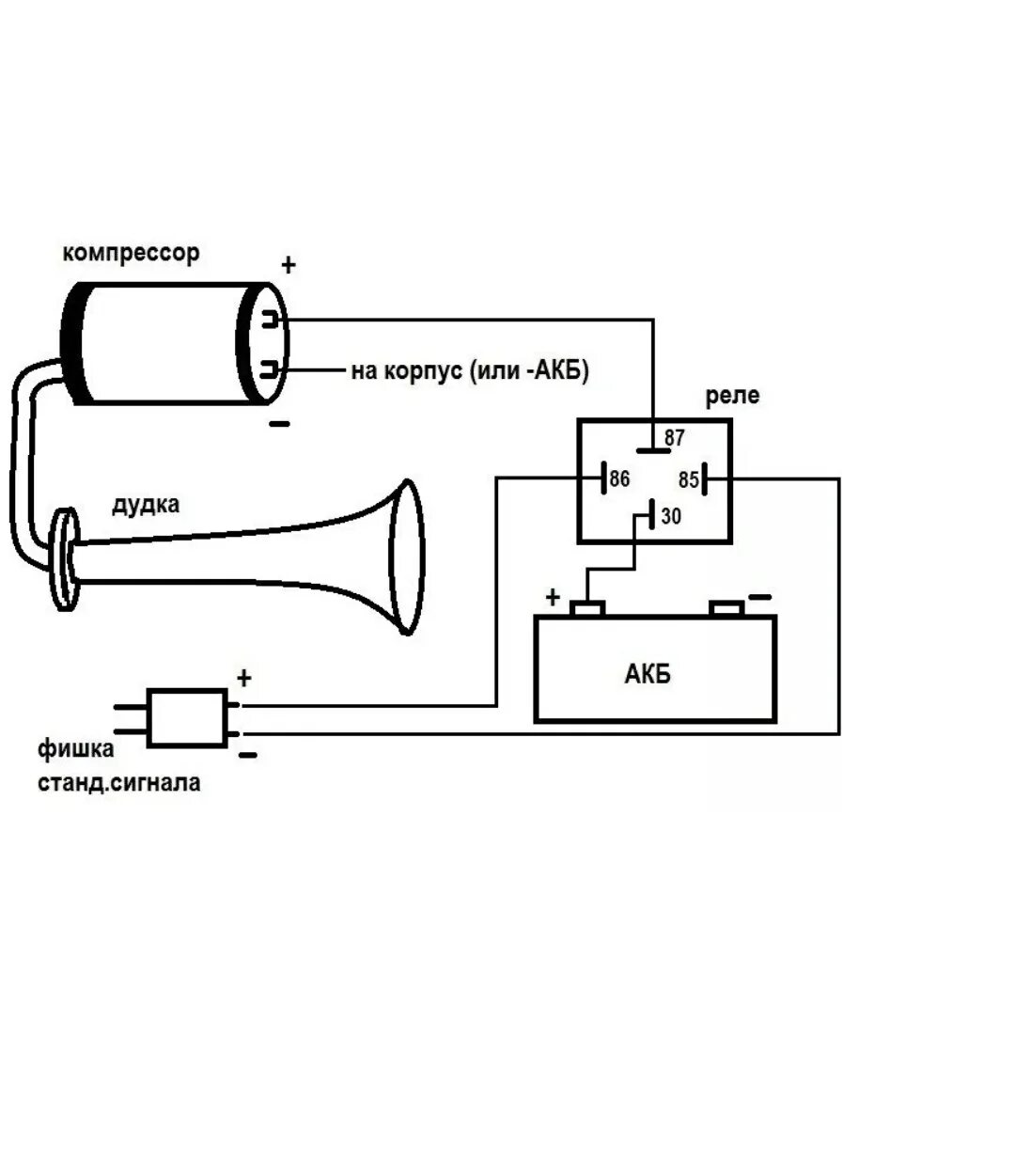Как подключить воздушный сигнал. Схема подключения реле пневмосигнала. Схема подключения воздушного сигнала через реле. Схема подсоединения воздушного сигнала через реле. Схема подключения звукового сигнала на ВАЗ 2112.