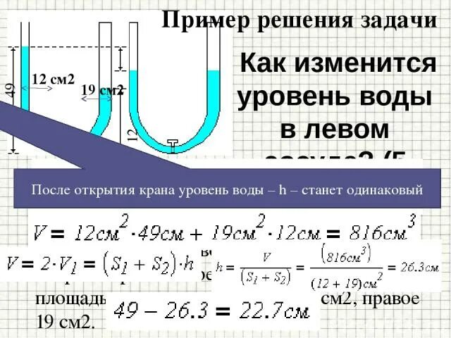 Уровень воды в сообщающихся сосудах. Давление жидкости в s образной трубе. Уровень жидкости в сосуде. Задачи на сообщающиеся сосуды. Давление воды на пробку в сосуде